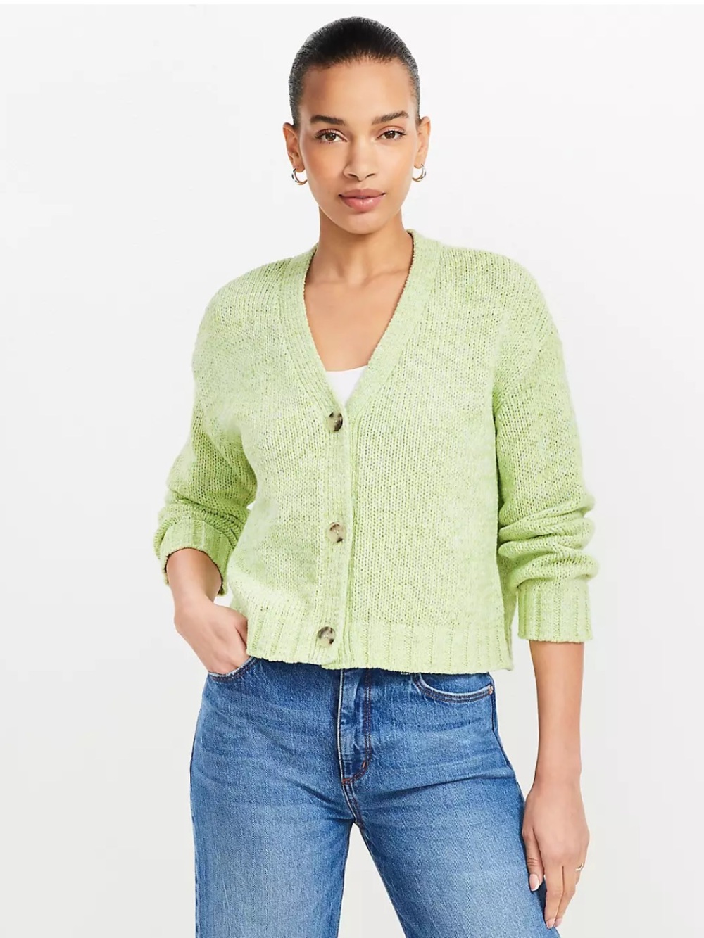 LOFT Light Green Marled V-Neck Button Cardigan